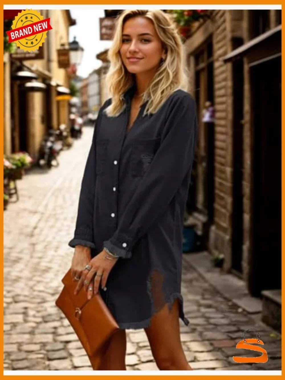 Distressed Denim Shirt Dress Button Down Long Sleeve Jean Tunic